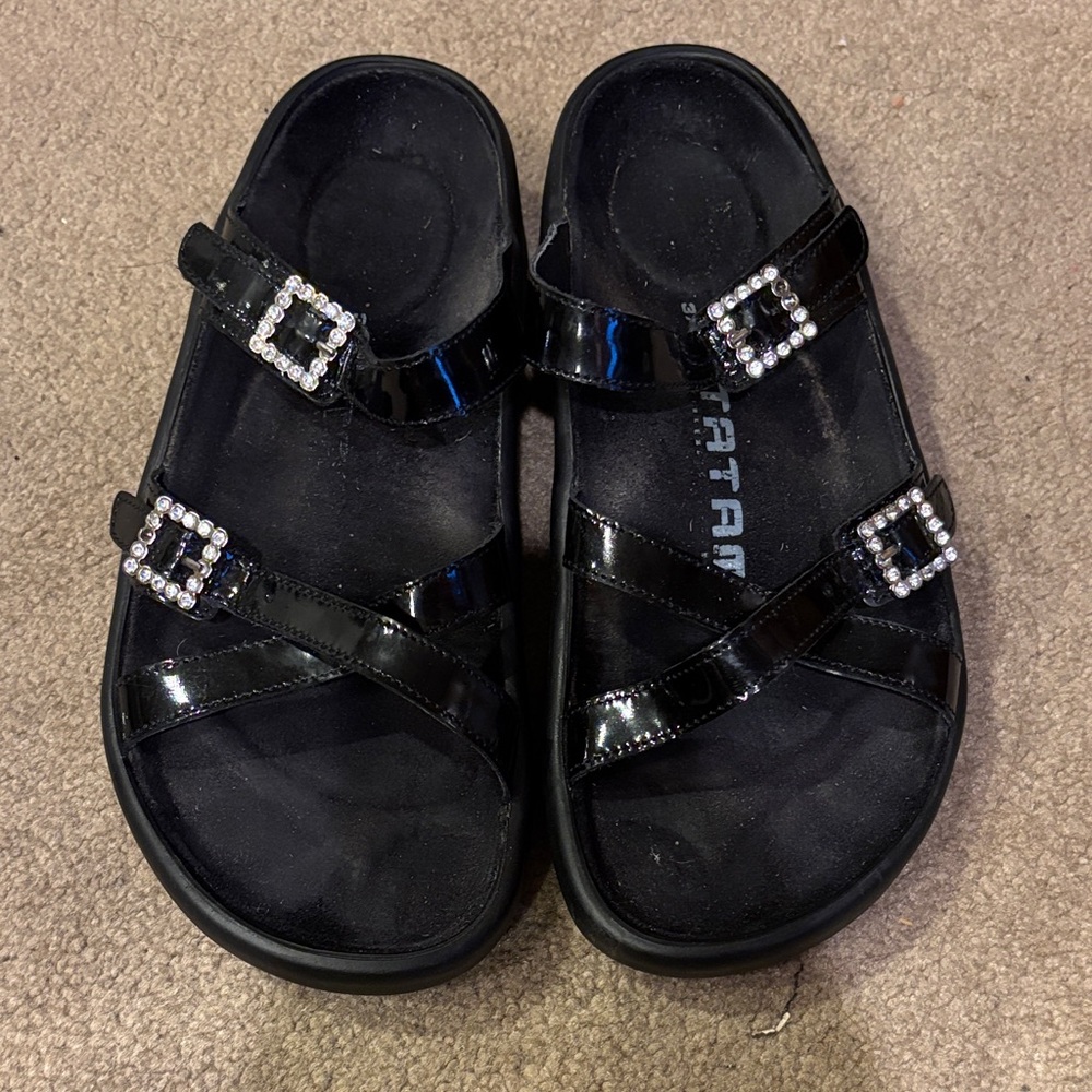 Tatami/Birkenstock sole 37 Black Patent Slide Sandals with Rhinestone Buckles